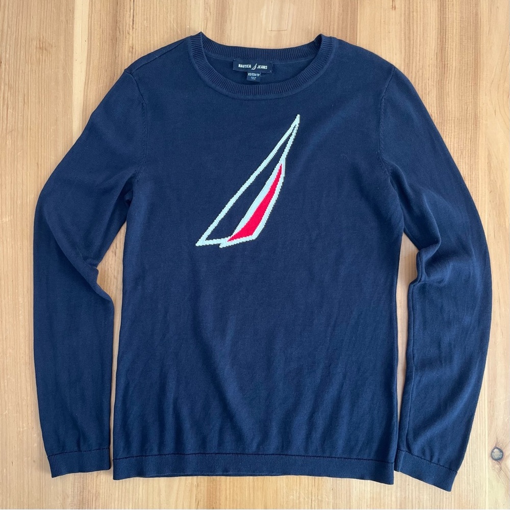 Nautica Jeans Women’s XS Sailboat Logo Sweater Navy Y2K Preppy